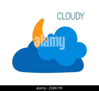 A colorful weather illustration depicts a cloudy night sky with a crescent moon and stylized clouds. The scene suggests overcast weather. Stock Vector