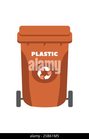 A bright orange bin labeled for plastic recycling stands on a surface. The bin features a recycling symbol, encouraging proper waste disposal and envi Stock Vector