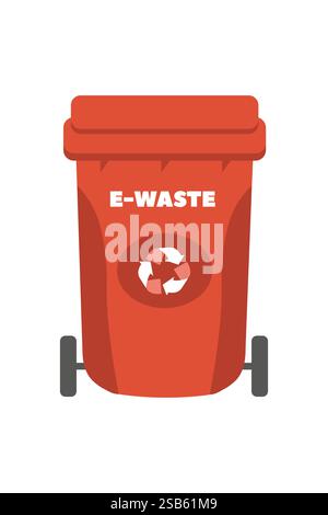 A bright red e-waste bin stands prominently in an urban location. It features a recycling symbol, encouraging proper disposal of electronic items and Stock Vector