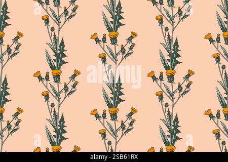 Botanical abstract plant seamless pattern with wildflowers vector illustration. Repeating retro floral pattern in pink pastel colors background. Graph Stock Vector