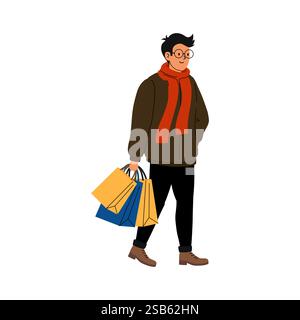 A young man dressed in a brown jacket and red scarf strolls confidently, holding several shopping bags of different colors. The weather appears bright Stock Vector