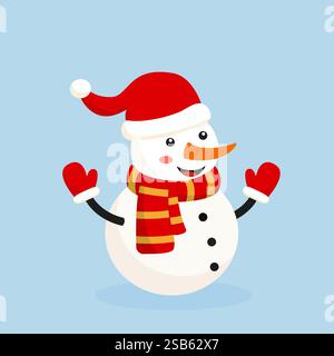 A joyful snowman stands with both arms raised, adorned in a red hat and striped scarf. Its face features a big smile, creating a festive atmosphere pe Stock Vector