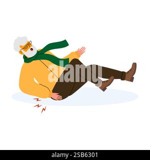 An elderly man wearing a warm jacket and scarf loses his balance and falls on the ground. He is experiencing discomfort in his leg as he slips in a wi Stock Vector