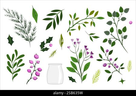 set of painted leaves, flowers, branches. flat cartoon elements. Vector illustration for the decoration of a bouquet, a postcard. set of elements Stock Vector