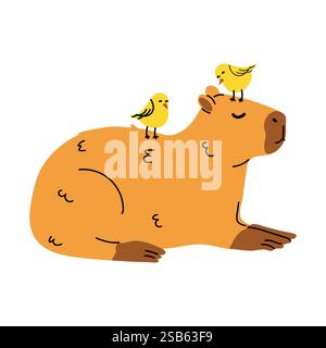 A cartoon illustration of a capybara lying down with two yellow birds perched on its back. The capybara is relaxed and the birds appear to be enjoying Stock Vector