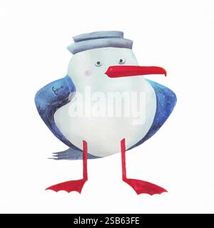 Vector old pirate with smoking pipe in cocked hat. Funny seagull character for marine theme. Bird in neckerchief and bandana. Isolated. Stock Vector
