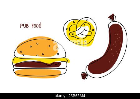 Cartoon tasty big hamburger with cheese, tomato and sesame seeds isolated on white background. Vector sticker icon. Vector illustration Stock Vector