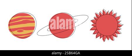 Space and planets background. Three multi-colored planets with stars and luminous lines in a dark space. Vector illustration. Cosmic sky with planets. Stock Vector