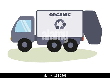 A recycling truck marked with the word organic is parked on a green lawn in a suburban area. The sun is shining brightly, indicating a bright, clear d Stock Vector