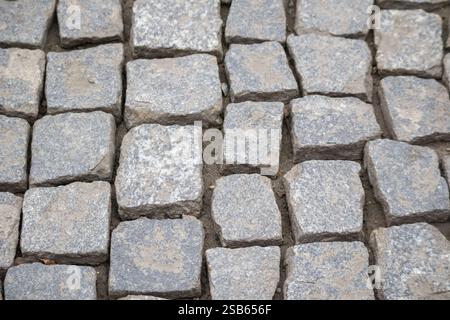 cobblestone path in various shades of gray and are placed irregularly, forming a characteristic pavement surface. Stock Photo