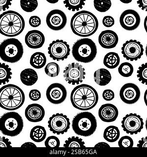 Automobile car tire parts seamless pattern with monochrome black and white elements background. Stock Vector