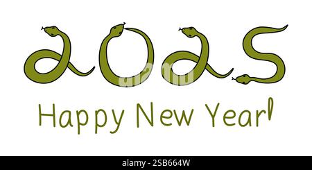 undefinedSnake 2025 year symbol. Cute cartoon outline snake smiling. Adorable doodle character. Vector illustration. 2025 numbers Chinese horoscope, o Stock Vector