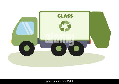 A green recycling truck designed for glass collection is parked on a grassy area. It features a recycling symbol and promotes environmental sustainabi Stock Vector