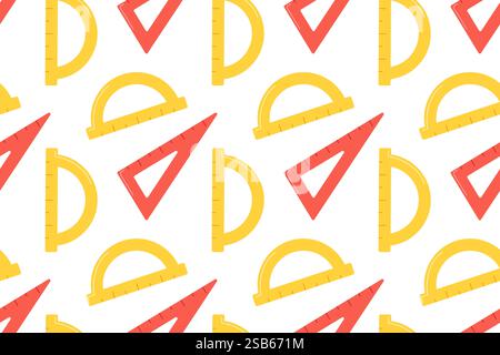 Graphic vector seamless pattern with school kit accessories: triangles, angle protractors and rulers. Endless texture. Vector illustration Stock Vector
