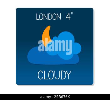 Cloudy weather is depicted with a temperature of 4 degrees in London, showcasing the chilly atmosphere. Stock Vector