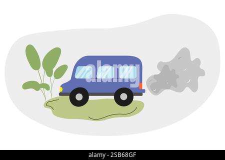 A blue van is cruising along a dirt road surrounded by patches of green plants. Smoke trails behind the vehicle, indicating its movement through a rur Stock Vector