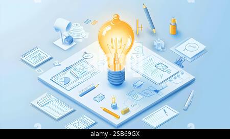 Workspace Light Bulb This isometric depicts a creative workspace centered around a glowing ...