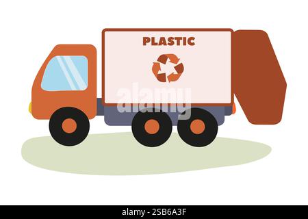 A recycling truck designed for plastic waste serves an important environmental purpose. It features a vibrant design and is parked on a grassy area, r Stock Vector