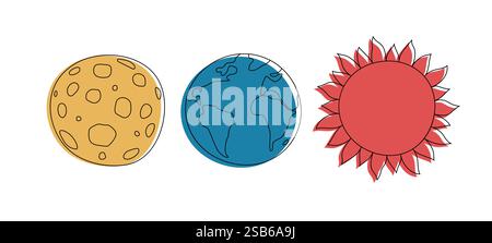 Space and planets background. Three multi-colored planets with stars and luminous lines in a dark space. Vector illustration. Cosmic sky with planets. Stock Vector