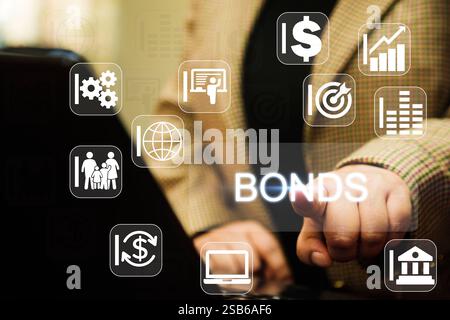Bond Finance Banking Technology concept, Business woman hand touching bond icon on virtual screen, Trade Market Network. women empowerment Stock Photo