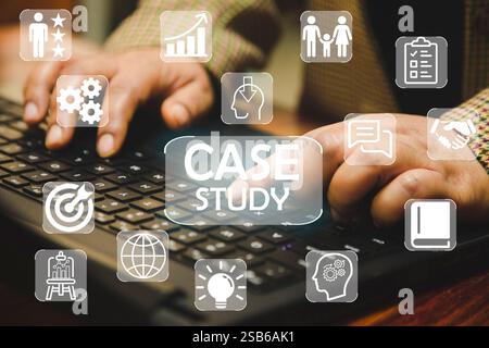Case study concept. Business woman use laptop with virtual case study icon for analysis of the situation to find a solution. Analysis of the situation Stock Photo