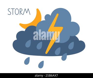 Dark clouds gather in the sky as lightning strikes, signaling an approaching storm with heavy rain. Stock Vector
