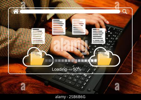 Encryption with file transfer concept : Business man use laptop for remote and download or upload folder document picture by internet connection with Stock Photo