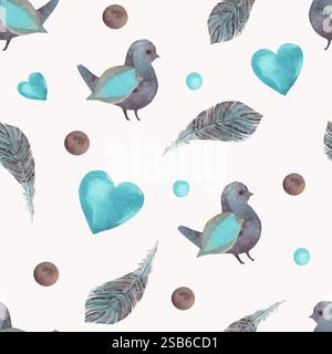 Colorful watercolor pattern featuring birds, hearts, and feathers on light background Stock Vector