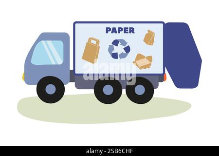 A recycling truck is parked in a neighborhood, designated for collecting paper waste. The vibrant design showcases various paper materials, highlighti Stock Vector