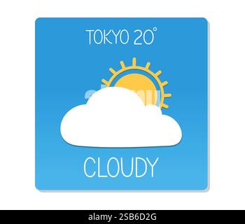 Cloud cover and a bright sun appear in the weather forecast for Tokyo, showing a temperature of 20 degrees Celsius today. Stock Vector