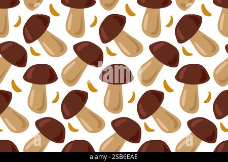 A seamless pattern featuring brown cap mushrooms with white background. Stock Vector