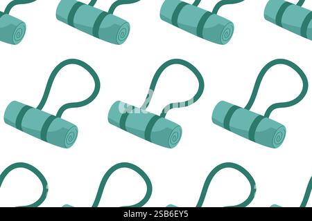 A series of teal yoga mats are displayed in a consistent pattern on a white backdrop, showcasing their rolled shape and attached straps. This design e Stock Vector