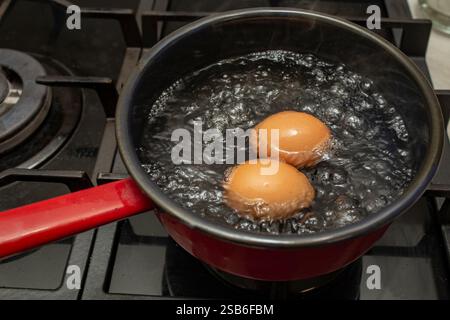 Two orange eggs boiling in a  black pot with bubbles and steam, soft focus Stock Photo