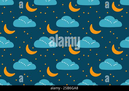 Whimsical design features clouds and crescent moons in bright colors against a dark background, evoking a playful nighttime vibe. Stock Vector