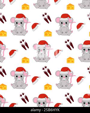 Rat mouse in santa hat vector background. Seamless pattern. Vector Great for packaging, banner, poster, print, textile, festive decoration. Chinese zo Stock Vector