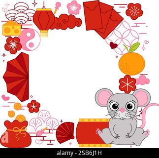 Chinese New Year's round circle frame template in square. Vector graphic illustration with traditional elements on transparent background Stock Vector