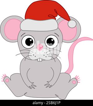 Cartoon Little Mouse in a red Santa's hat, knitted winter hat. Christmas and New Year card, t-shirt composition, handmade vector graphic line illustra Stock Vector