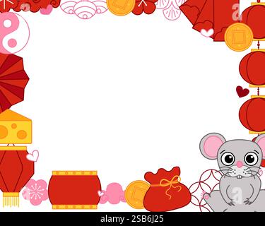 chinese new year 2032 rat mouse rectangle vector graphic line frame, border, ornament. Asia traditional elegant graphic. Logo design template. simple Stock Vector