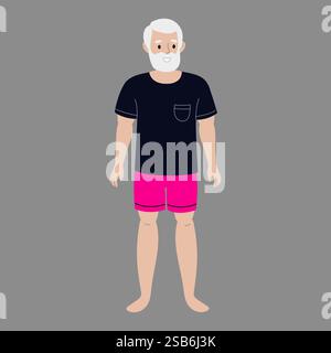 An elderly man with a white beard wears a black shirt and pink shorts, standing still against a simple gray backdrop. Stock Vector