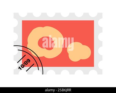 A colorful stamp displaying abstract shapes in yellow and orange against a bright red background captures attention. This unique design is perfect for Stock Vector