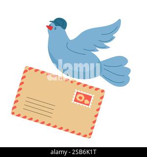 A charming blue bird, wearing a cap, holds a letter addressed for delivery. The letter features a postmark and is placed on a bright background, showc Stock Vector