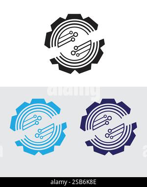 Set of gear tech logo, Creative Gear Tech Logo, Blue gears, vector illustration Stock Vector