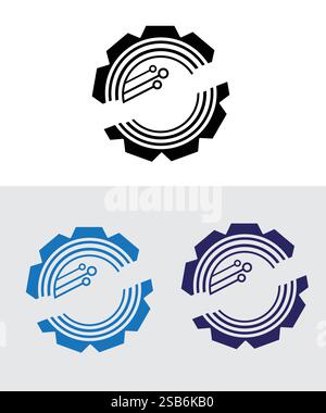 Set of gear tech logo, Creative Gear Tech Logo, Blue gears, vector illustration Stock Vector