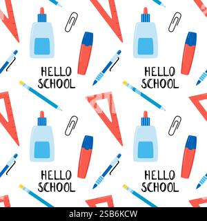 Seamless vector pattern with school theme elements. Book pencil pen, rulers. . Vector illustration Stock Vector