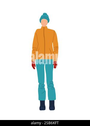 A figure stands upright, dressed in a vibrant orange jacket, teal pants, and warm winter accessories, ready for cold weather activities. The outfit su Stock Vector