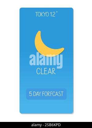 Tokyo experiences clear weather with a cool temperature of 12 degrees, indicated by a crescent moon icon. Stock Vector