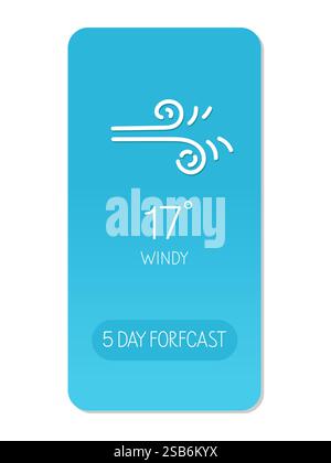 A smartphone screen shows a weather app indicating windy conditions at 17 degrees. A five-day forecast is also visible. Stock Vector