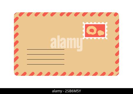A colorful envelope is placed on a table adorned with a decorative stamp. The envelope awaits mailing, conveying a sense of warmth and personal connec Stock Vector