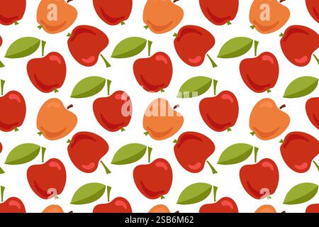 A seamless pattern featuring red and orange apples with green leaves on a white background. The apples are arranged in a repeating pattern, creating a Stock Vector