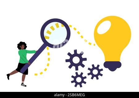 A person is actively engaged in discovering ideas, using a large magnifying glass to examine a light bulb while gears symbolize innovation. Stock Vector